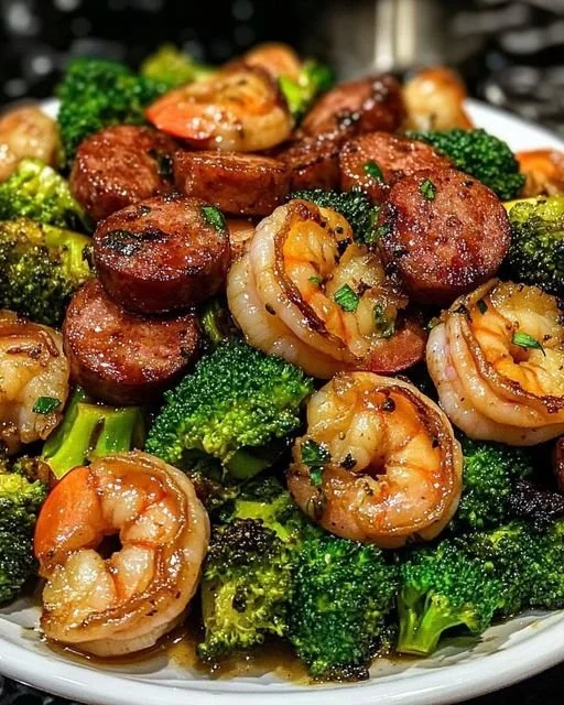 Garnalen met honingknoflook, worst en broccoli op een bord