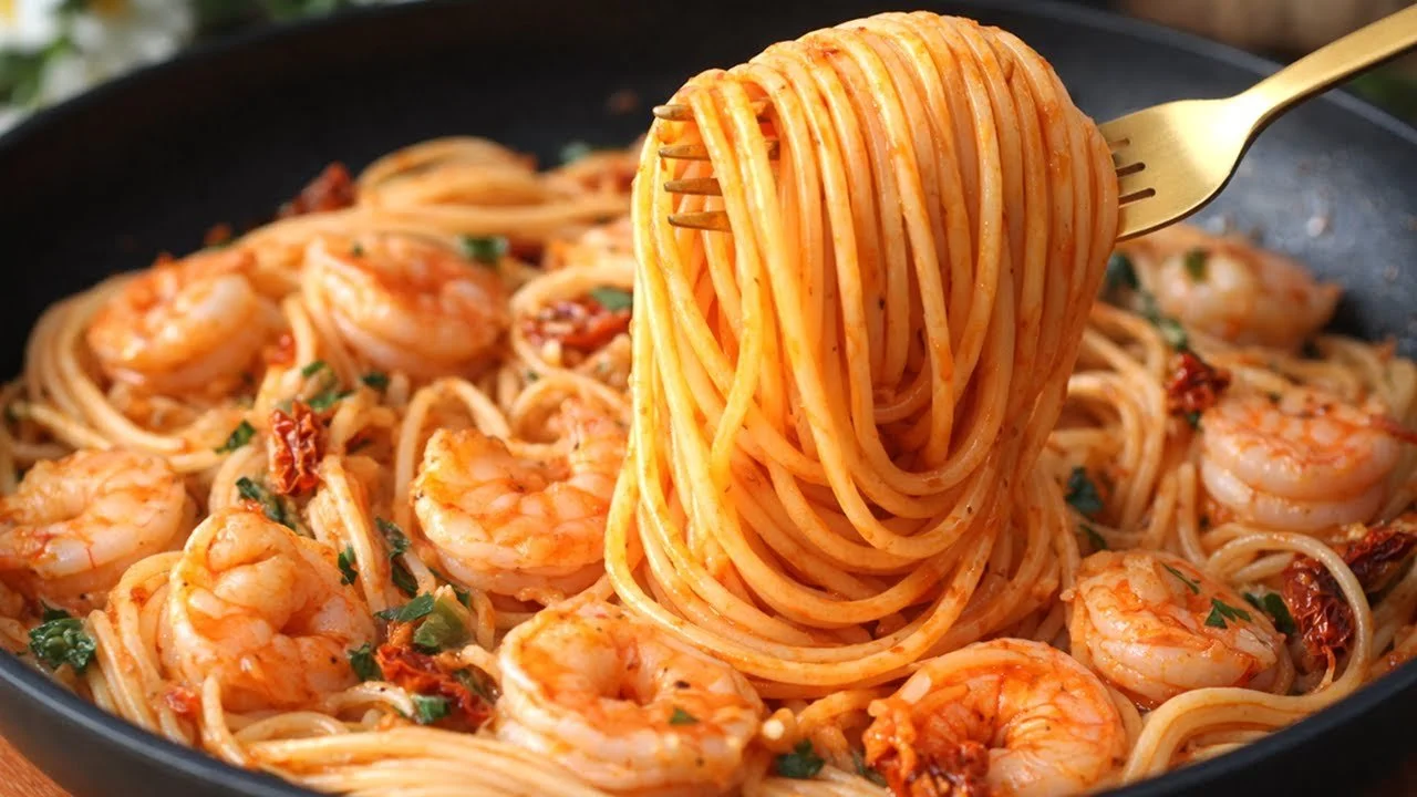 Heerlijke garnalenpasta met vers gekookte garnalen en kruiden.
