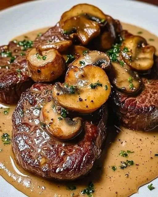 Gebakken biefstukken geserveerd met mosterd-champignonsaus op een bord