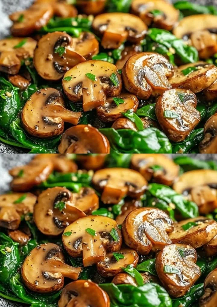 Gebakken champignons met verse spinazie op een bord.