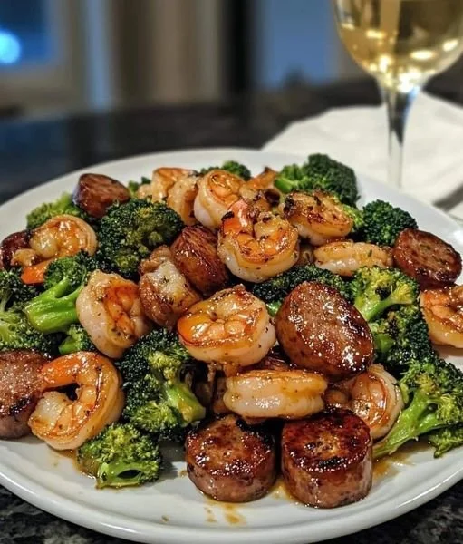 Gebakken garnalen met broccoli, honing en knoflook op een bord