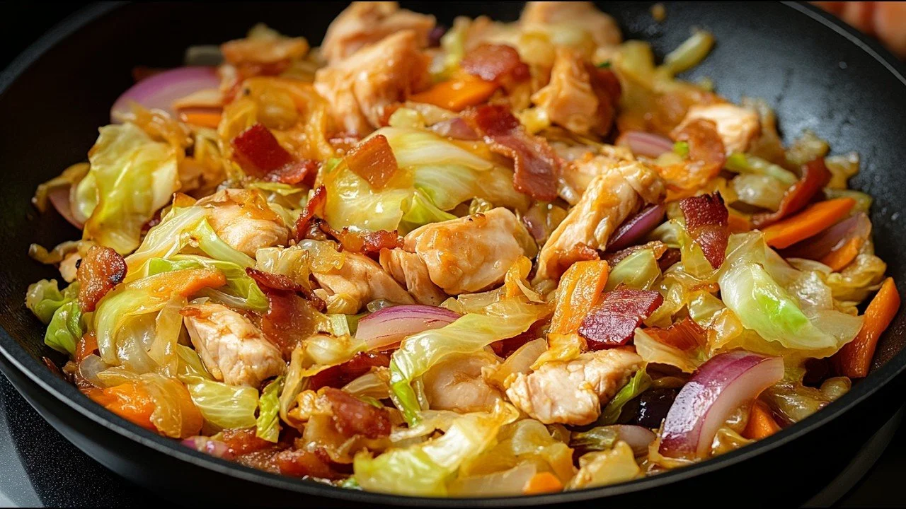 Gebakken kool met kip en spek op een bord, geserveerd met verse kruiden.