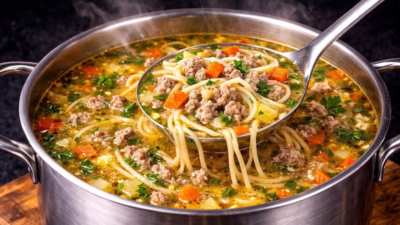 Een kom heerlijke gemalen vlees soep met verse ingrediënten en kruiden.