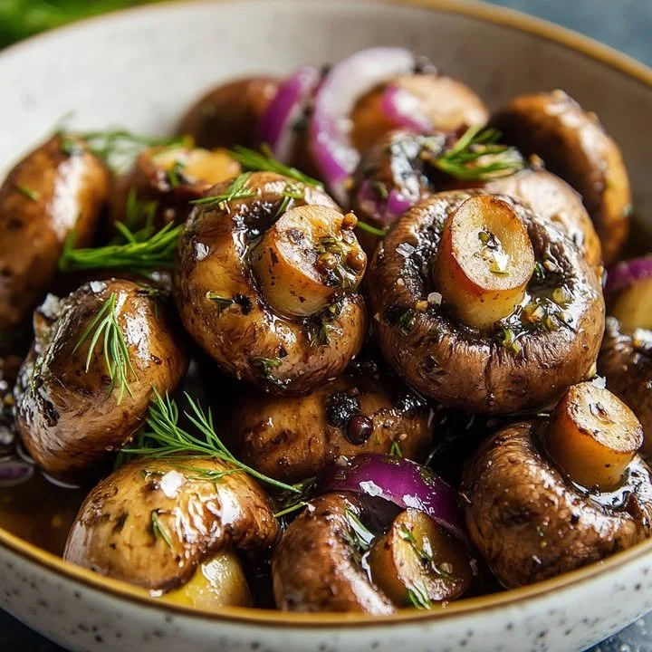 Gezonde gemarineerde champignons met kruiden in een serveerschaal.