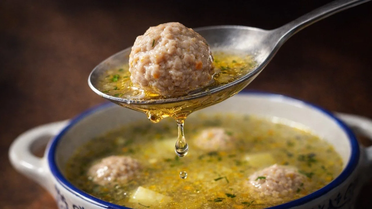 Gezonde kinder soep in een kom, vol met verse groenten en voedzame ingrediënten.
