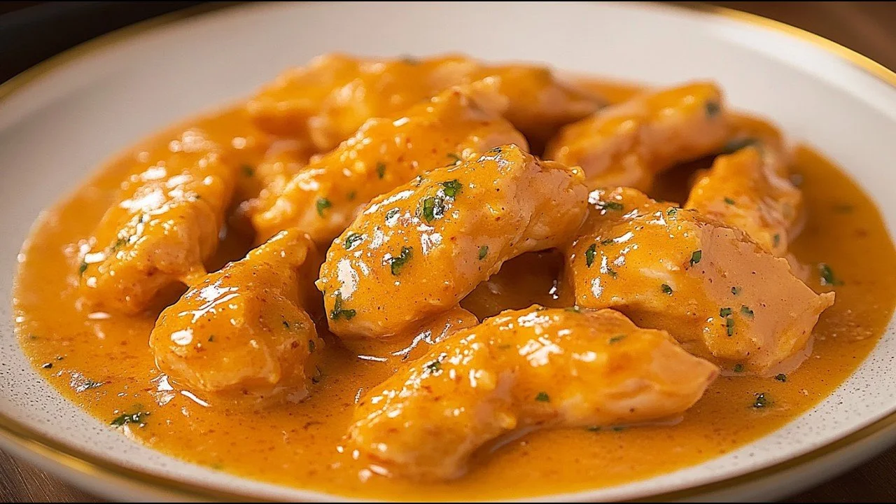 Goddelijke Kip in een romige tomatensaus op een bord