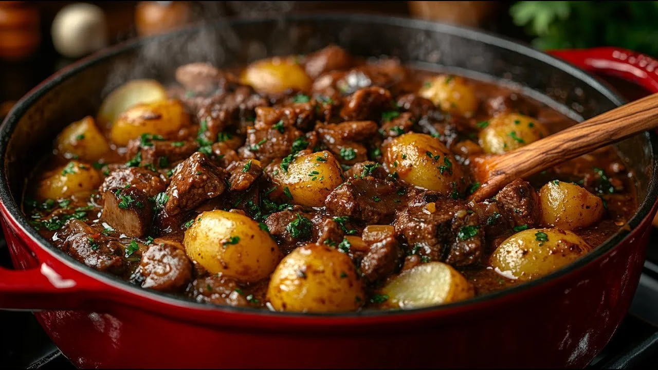 Heerlijke goulash serv dish with meat and vegetables