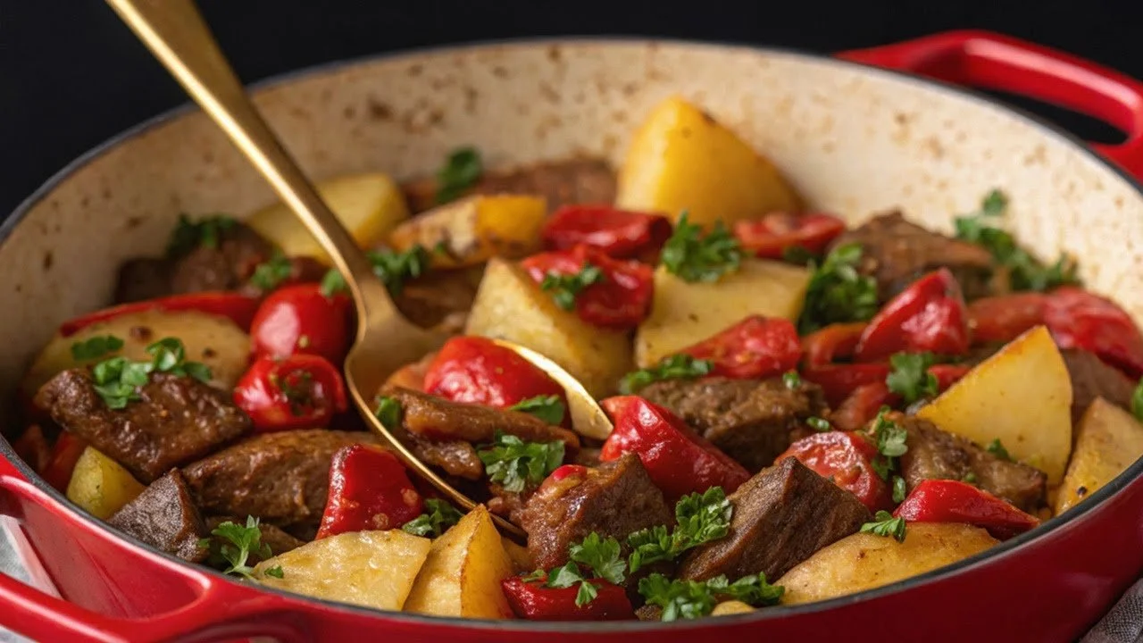 Heerlijke beef stoofpot met groenten en kruiden in een dampende kom.