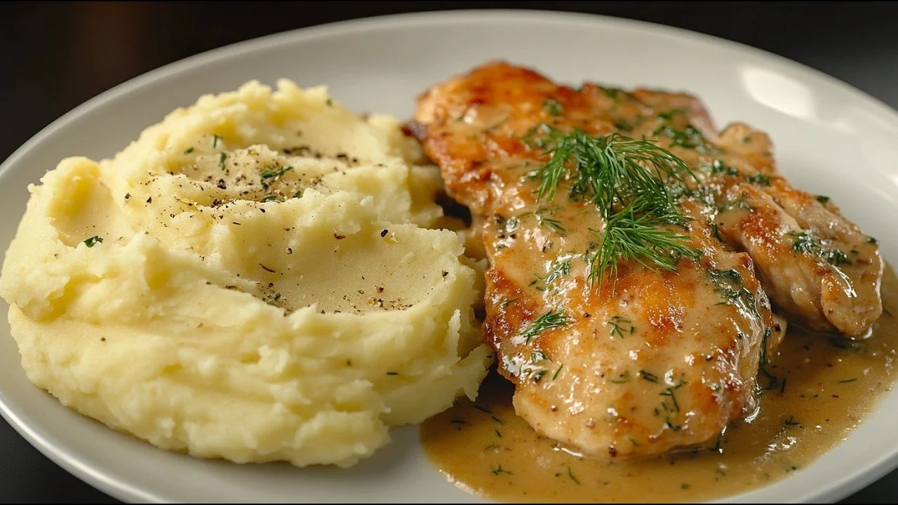 Heerlijke kipfilet met aardappelpuree op een bord, geserveerd met groenten.