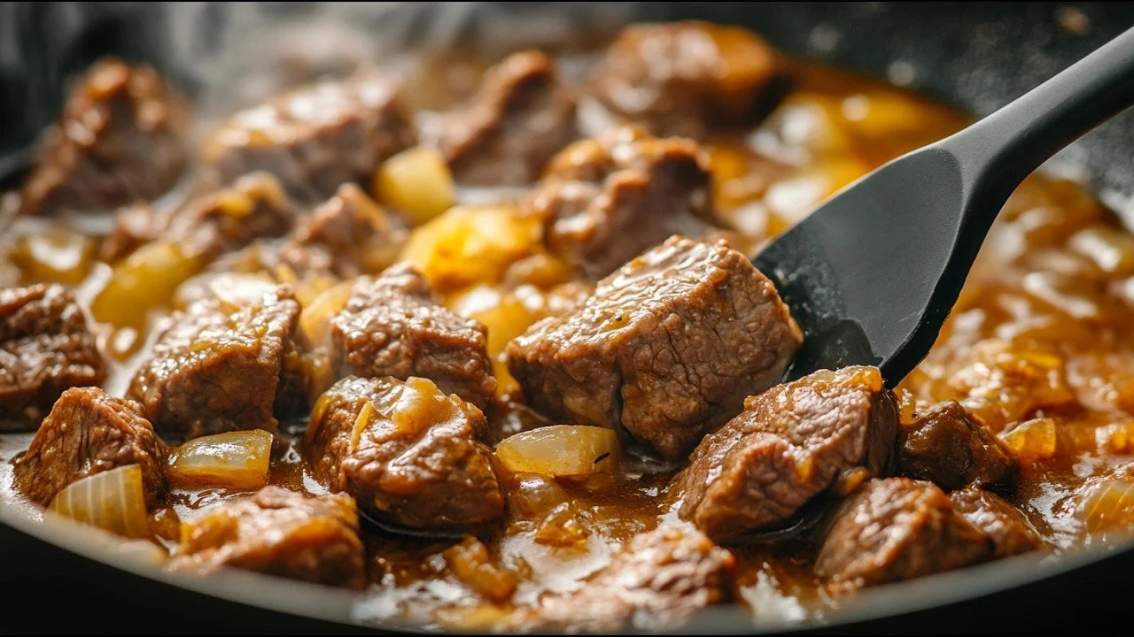 Heerlijke runder goulash met uien, een smaakvol en voedzaam gerecht.