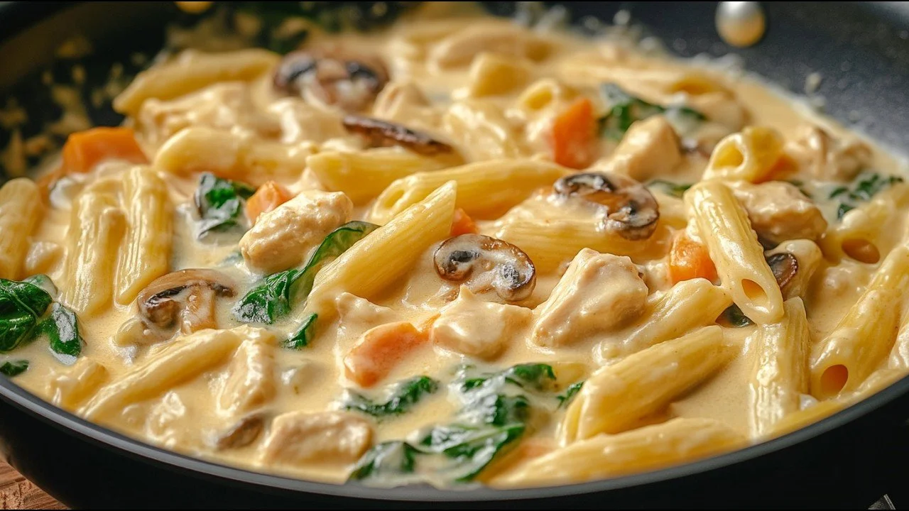 Pasta met kip in een dikke romige saus, een verrukkelijk gerecht.