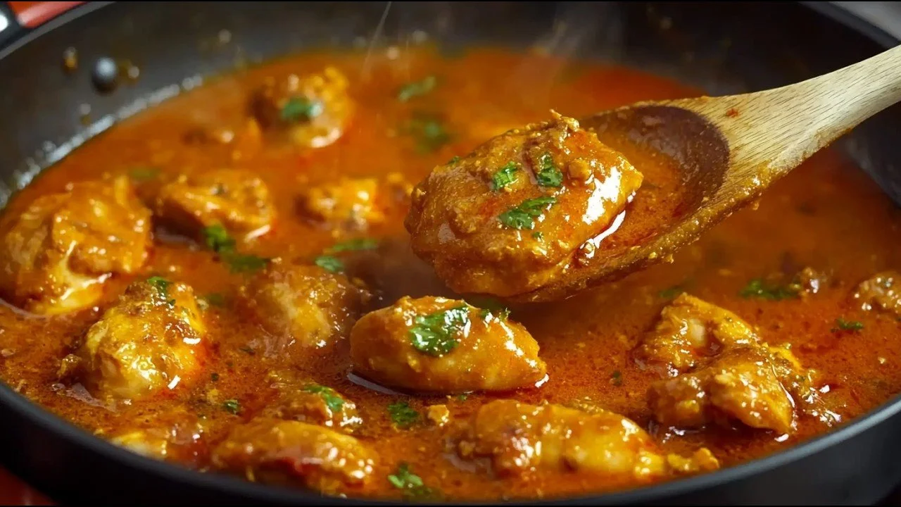 Kip in currysaus met rijst en verse groenten