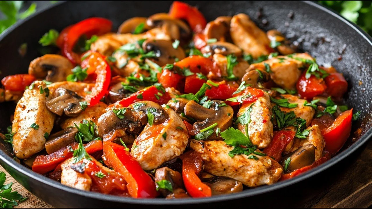 Kip met groenten in tomatensaus geserveerd op een bord