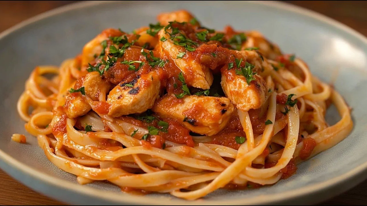 Kip pasta met tomatensaus geserveerd in een kom