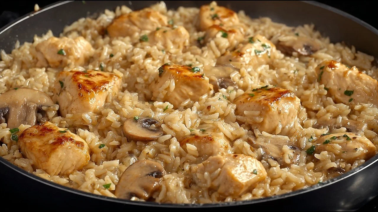 Heerlijk kippendrisotto recept met kip, rijst en groenten gerecht.