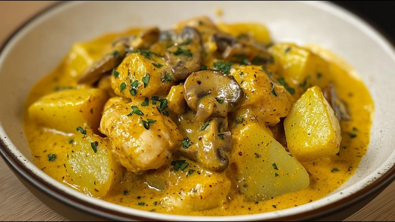 Kippenfilets in romige champignonsaus gerecht met champignons en kruiden