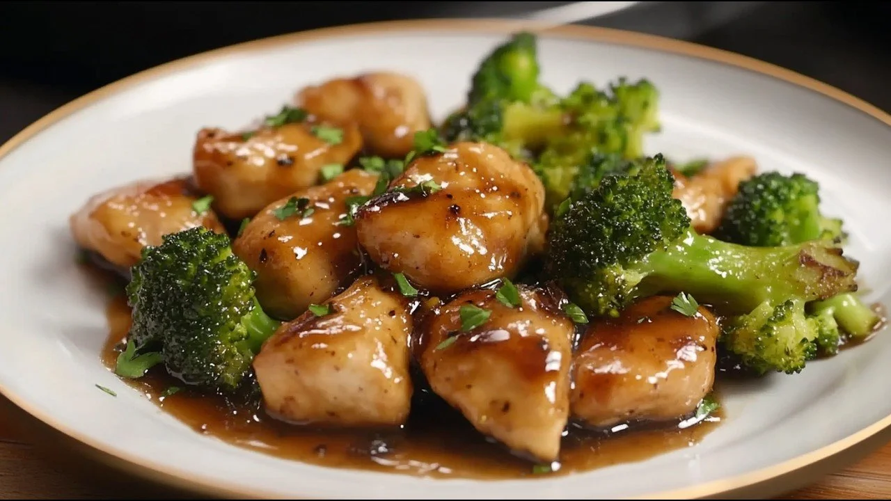 Kruidige kip met broccoli en rijst op een bord, geserveerd met verse kruiden.