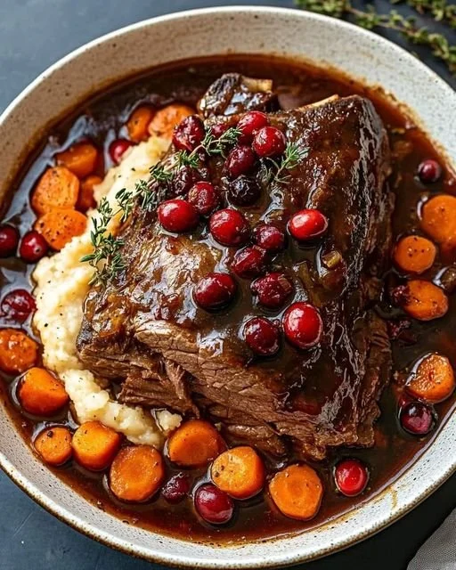 Langzaam gestoofd rundvlees met cranberry-balsamicoglazuur