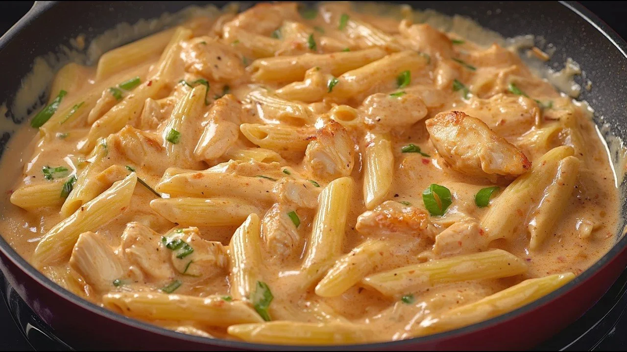 Heerlijke pasta met kip, geserveerd in een stijlvolle kom