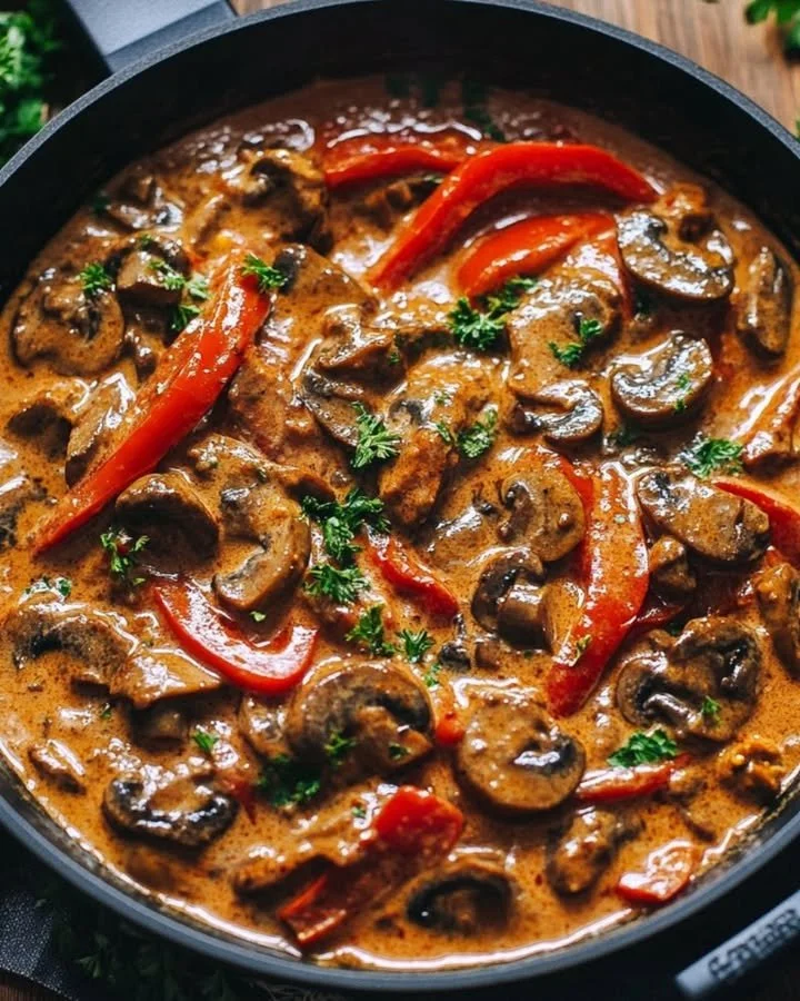 Een gerechten met paprikareepjes en champignons, kleurrijk en smakelijk.