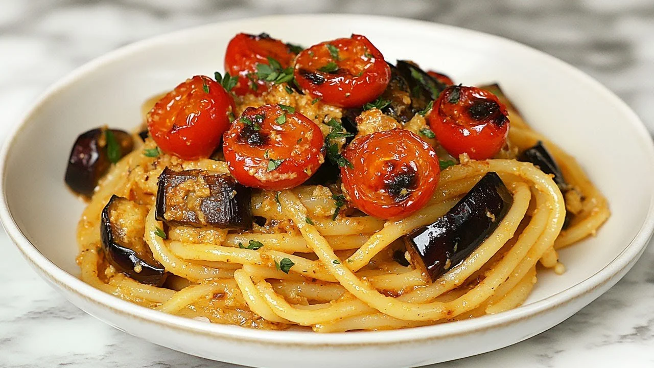 Heerlijke pasta met aubergine en verse kruiden op een bord