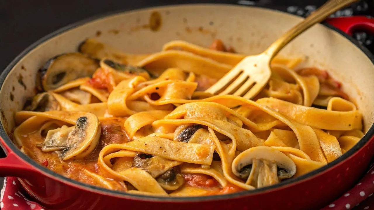 Pasta met knoflook en champignons, eenvoudig en smakelijk recept.