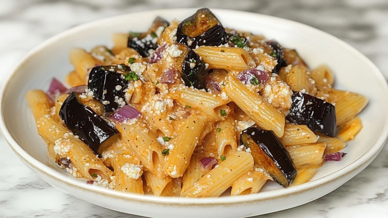 Een bord pasta met ricotta en aubergine, kleurrijk en smakelijk.