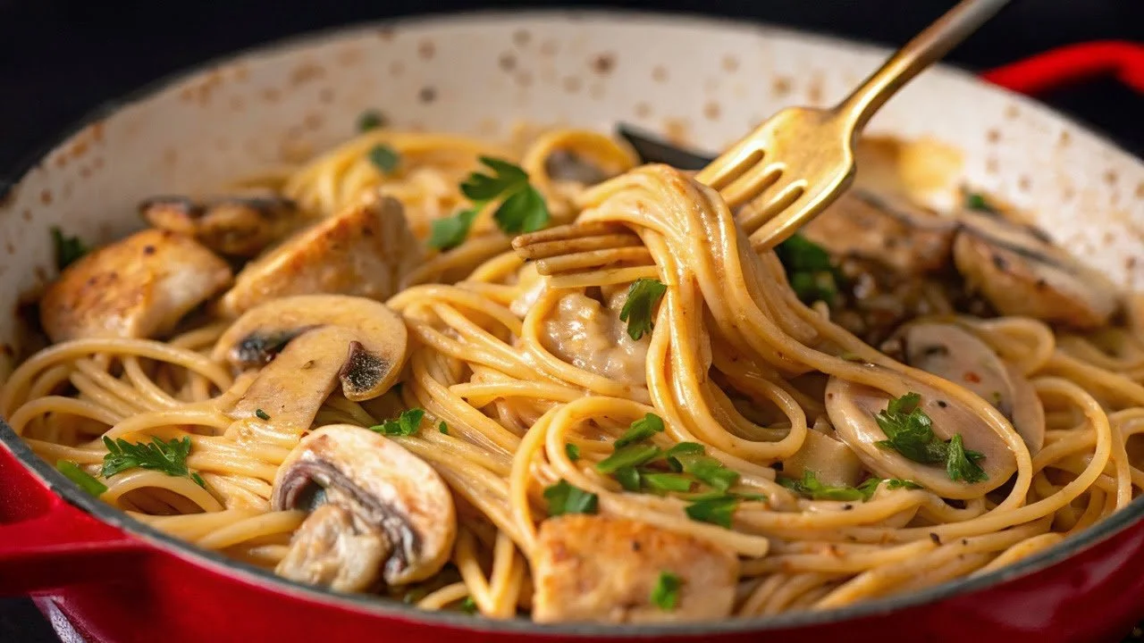 Pasta met knoflook, champignons en kip in een aantrekkelijke serveerschaal.