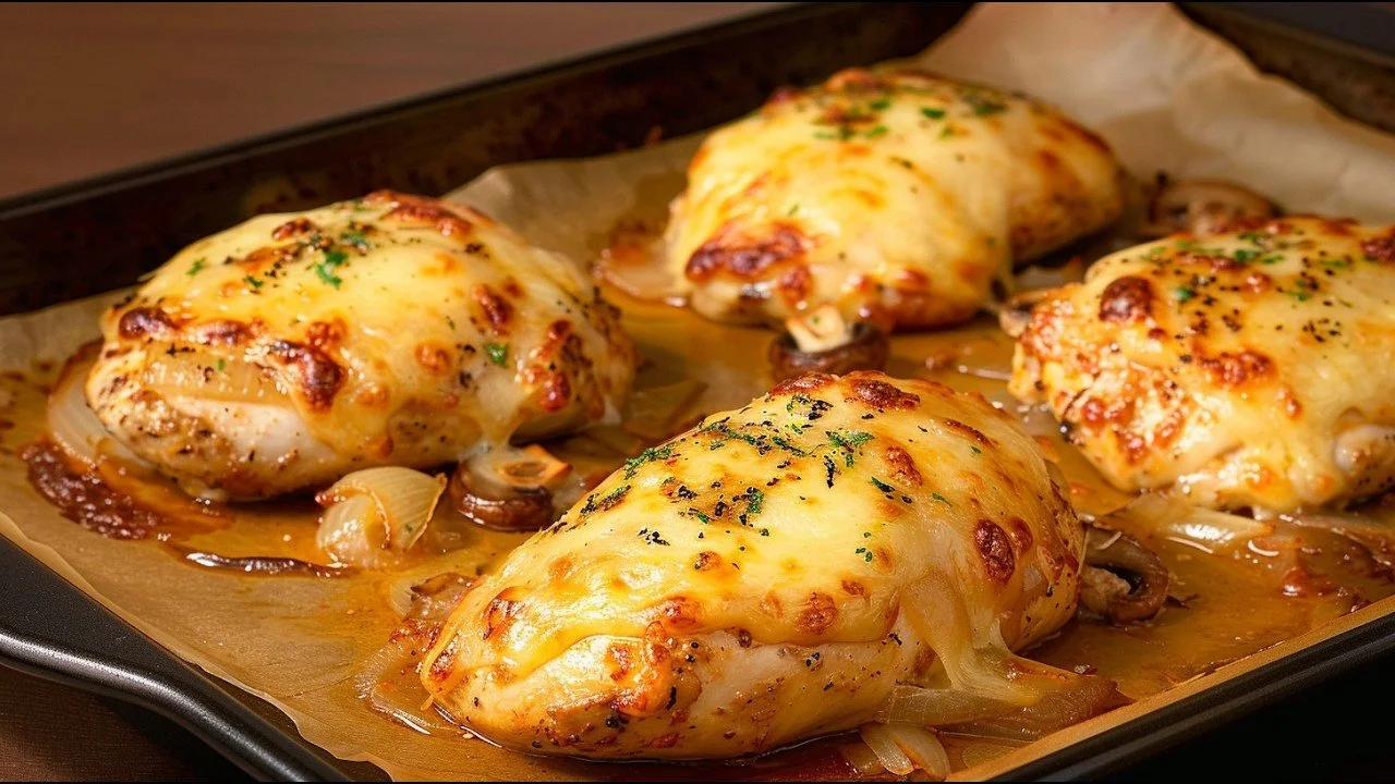 Kipfilet met champignons, uien en kaas uit de oven - heerlijk diner recept
