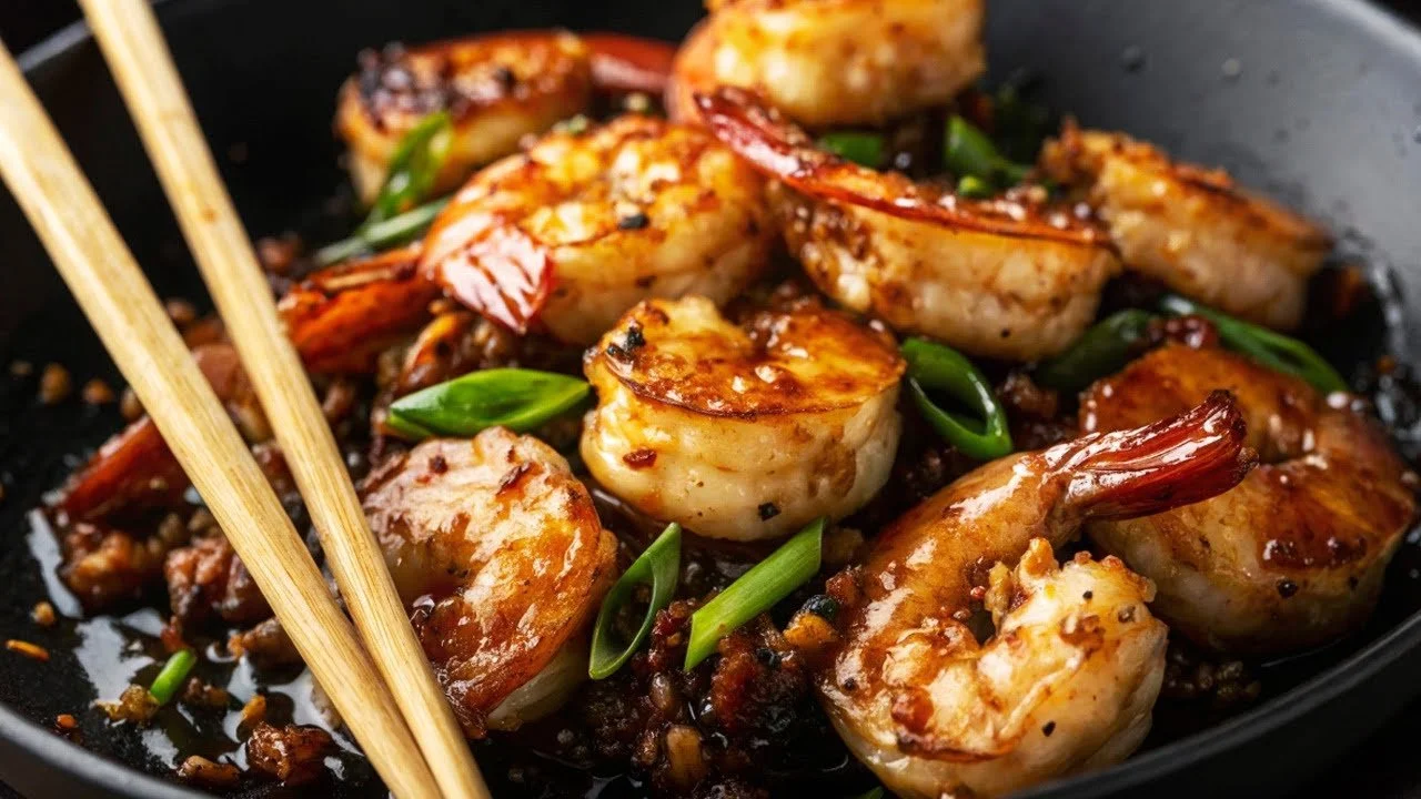 Pittige chili garnalen geserveerd met verse kruiden en specerijen