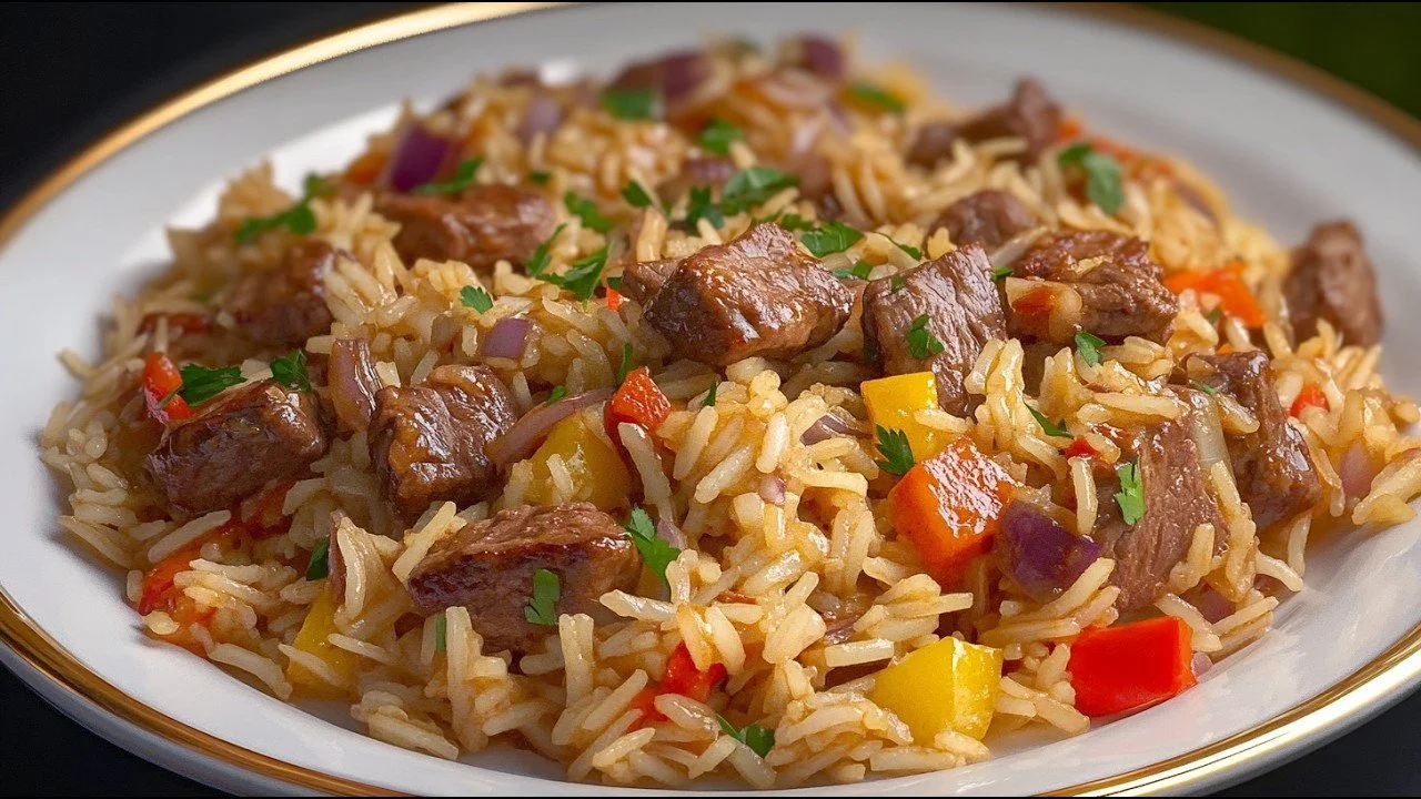 Gerecht van rijst met varkensvlees, overgoten met een smakelijke saus.