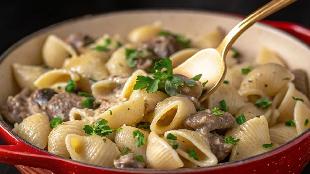 Romige champignon pasta met verse ingrediënten en kruiden