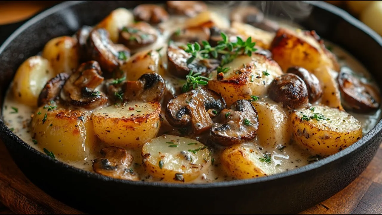 Romige champignonpan met aardappelen en kruiden, heerlijk en smaakvol gerecht