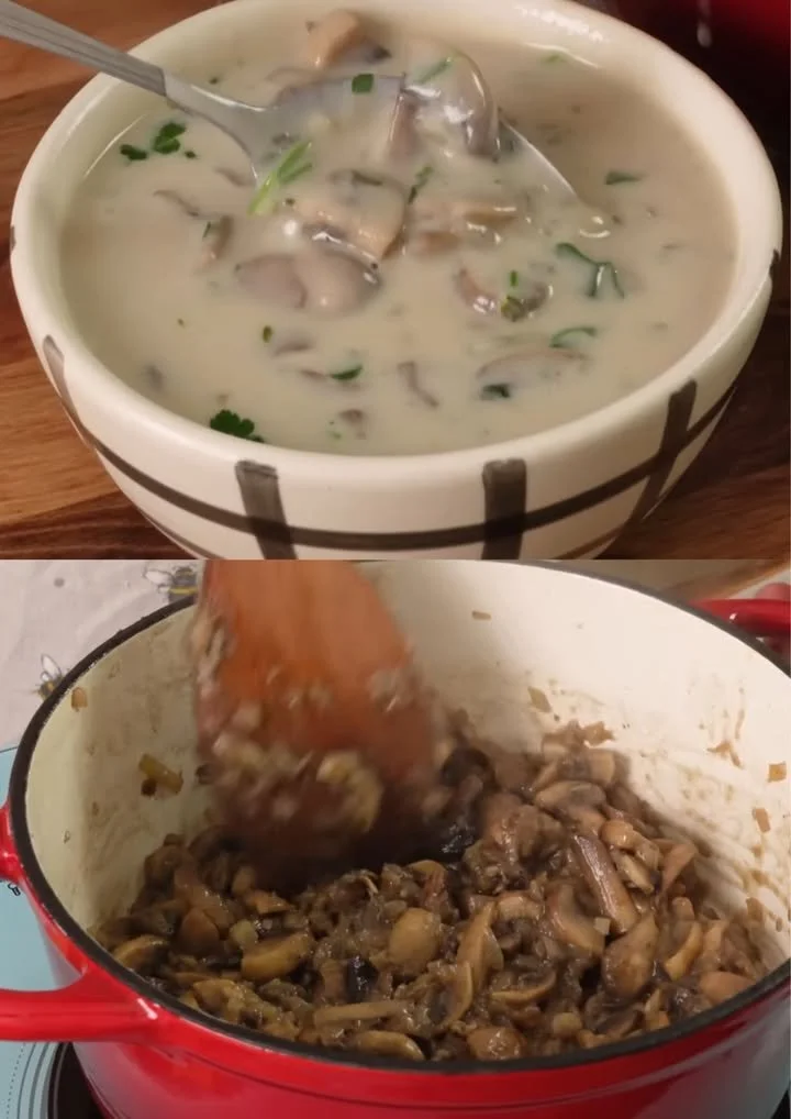 Romige champignonsoep in een kom, vers gemaakt met aromatische ingrediënten.
