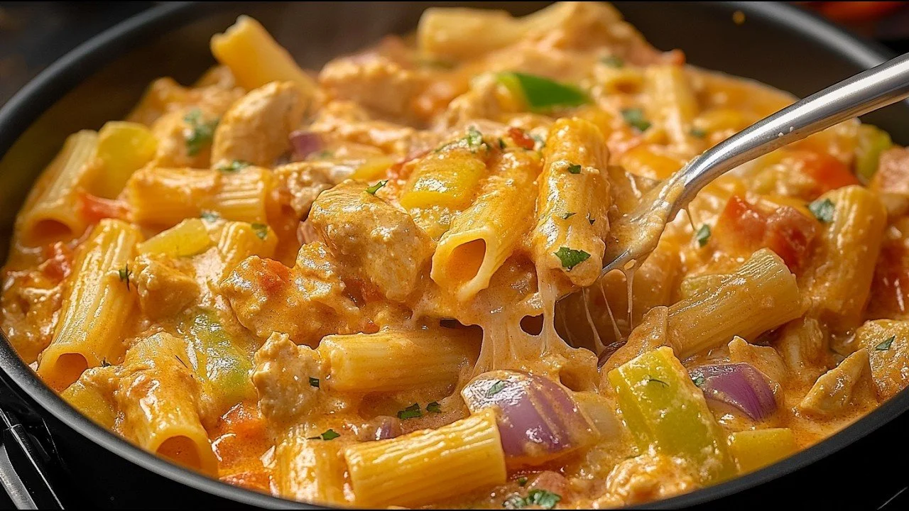 Romige kippen- en groentepasta gerecht klaar om te serveren