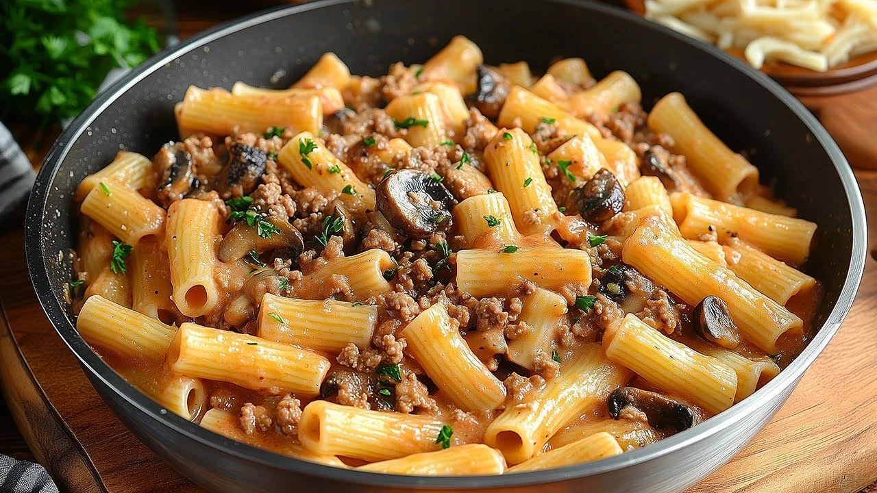 Romige pasta met rigatoni, rundvlees en champignons in een bord