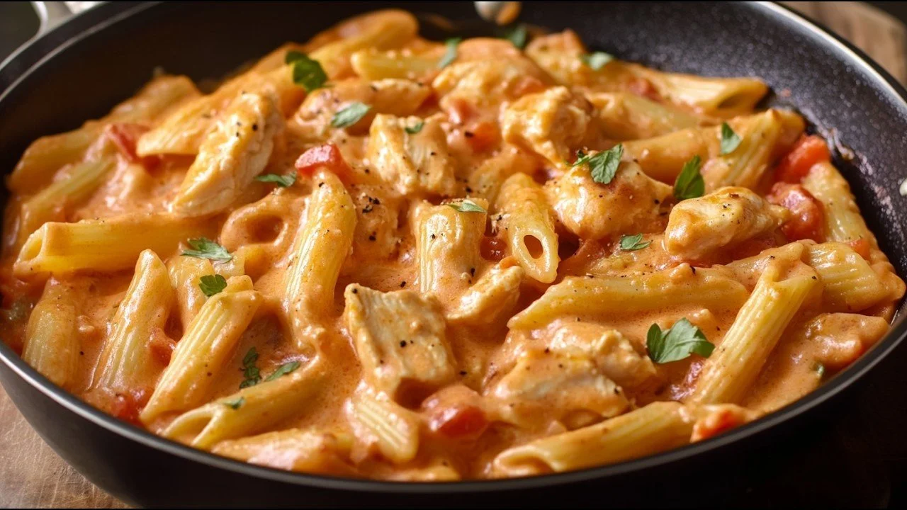 Romige varkensvlees pasta met verse ingrediënten en een rijke saus