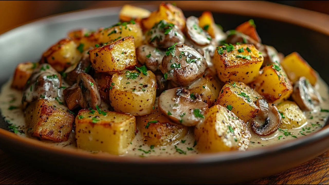 Romige vegan aardappelen met champignons gerecht op een bord