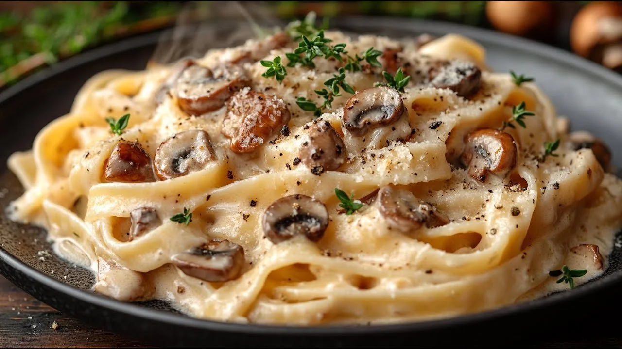 Romige vegan kastanje- en champignonpasta in een kom met verse kruiden