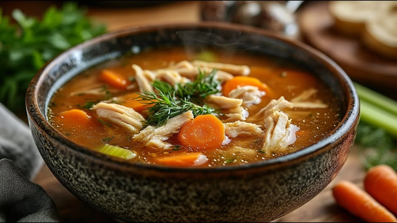 Romige veganistische kipsoep met jackfruit en amandelroom in een kom