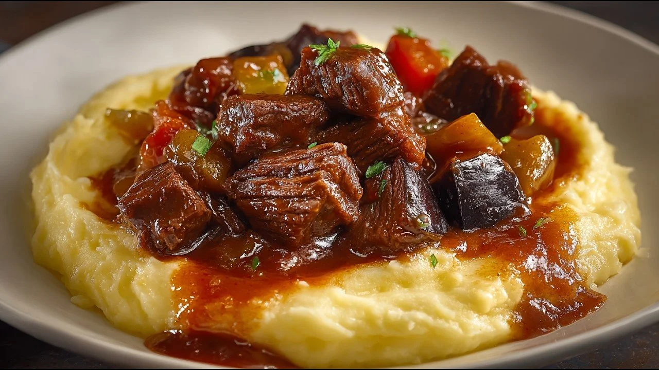 Heerlijke rundvleesgoulash geserveerd met groenten en kruiden.