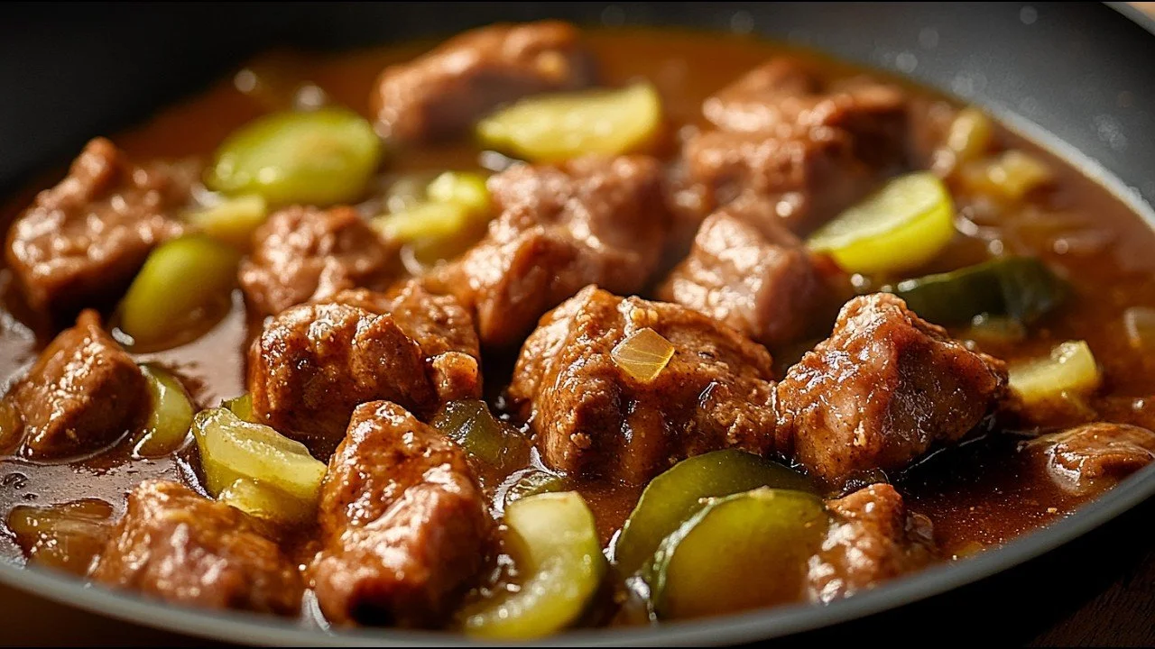 Sappige varkensvlees met aardappelen op een bord, heerlijk en smakelijk gerecht