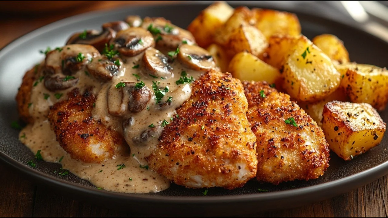 Schnitzel met asperges en gesmolten kaas op een bord
