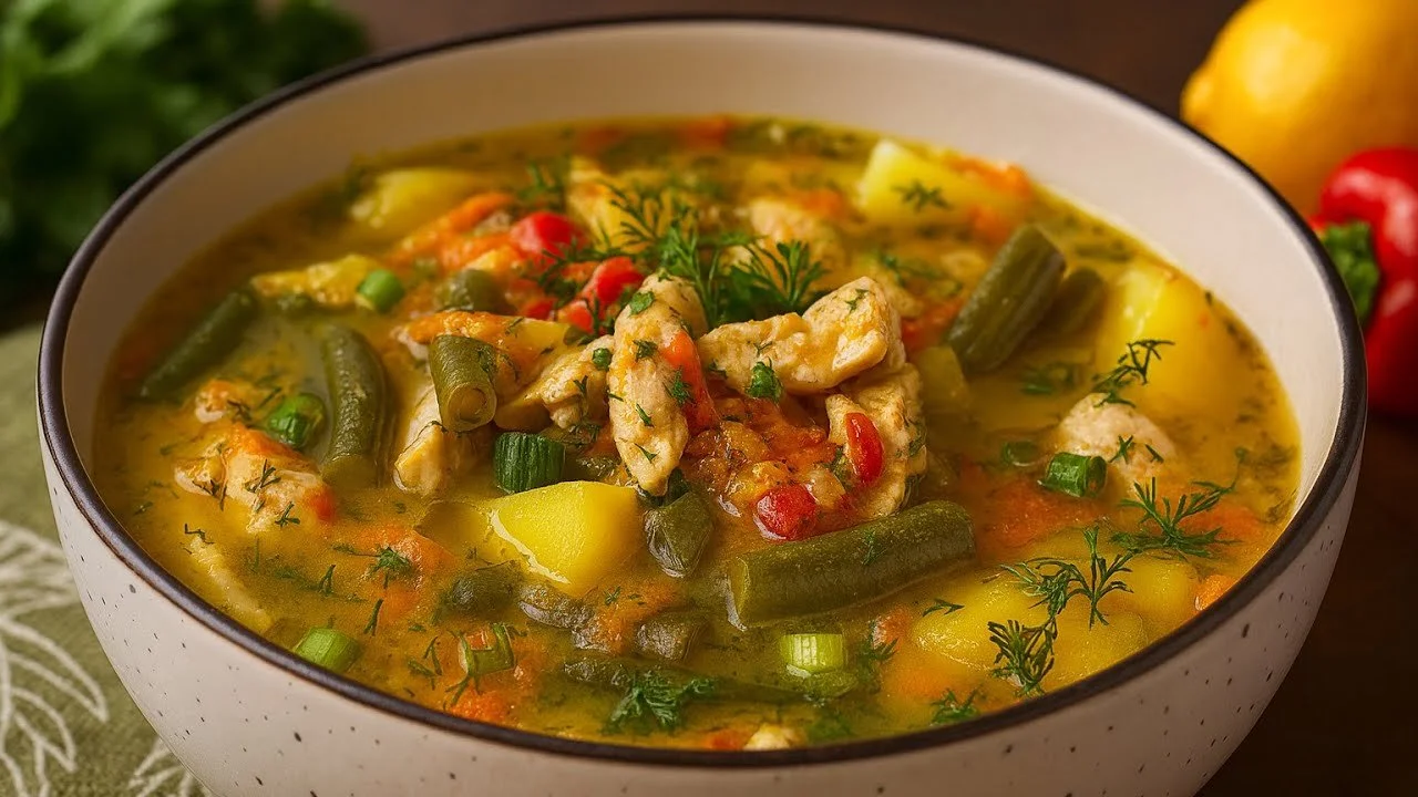Een kom Snelle Soep met verse ingrediënten en kruiden