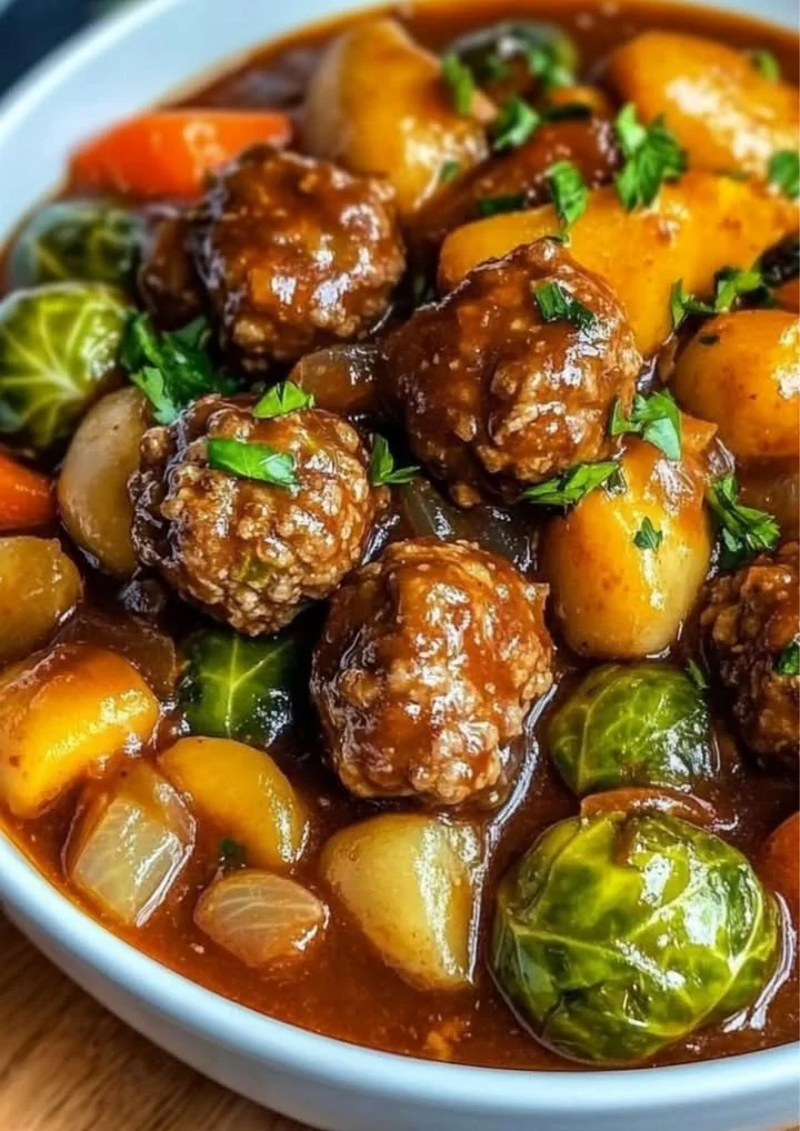 Heerlijke spruitjesstoofpot met gehaktballetjes en groenten