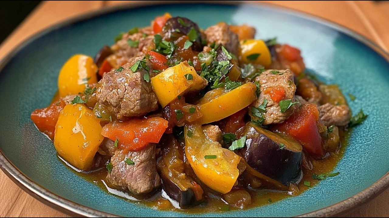 Heerlijke vlees- en groentestoofpot, perfect voor een voedzame maaltijd.