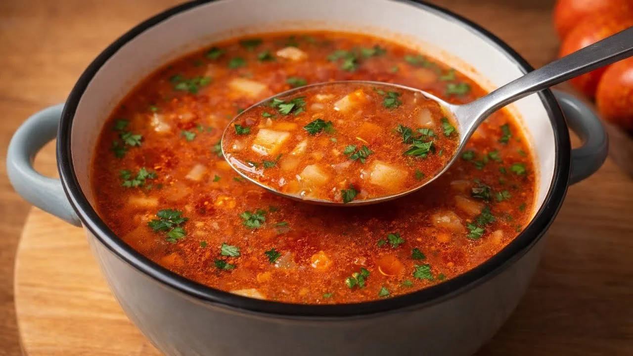 Kom tomatensoep met verse ingrediënten en kruiden