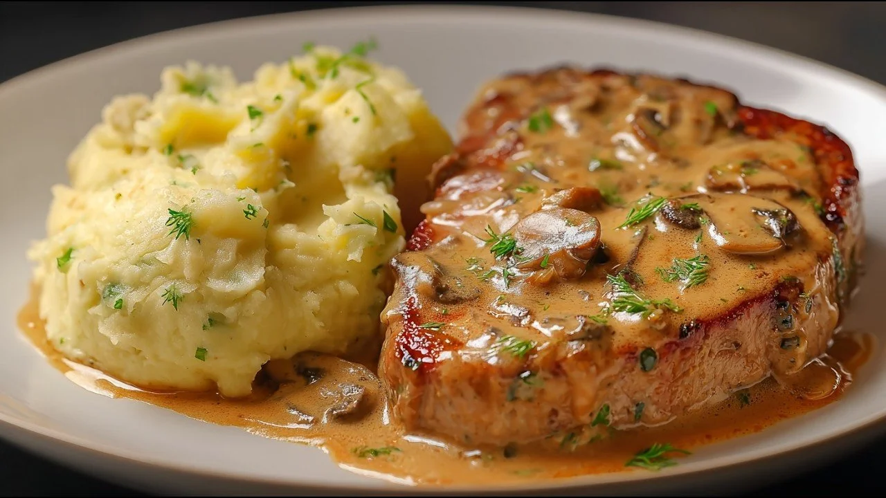 Varkenssteaks in romige knoflooksaus met champignons op een bord