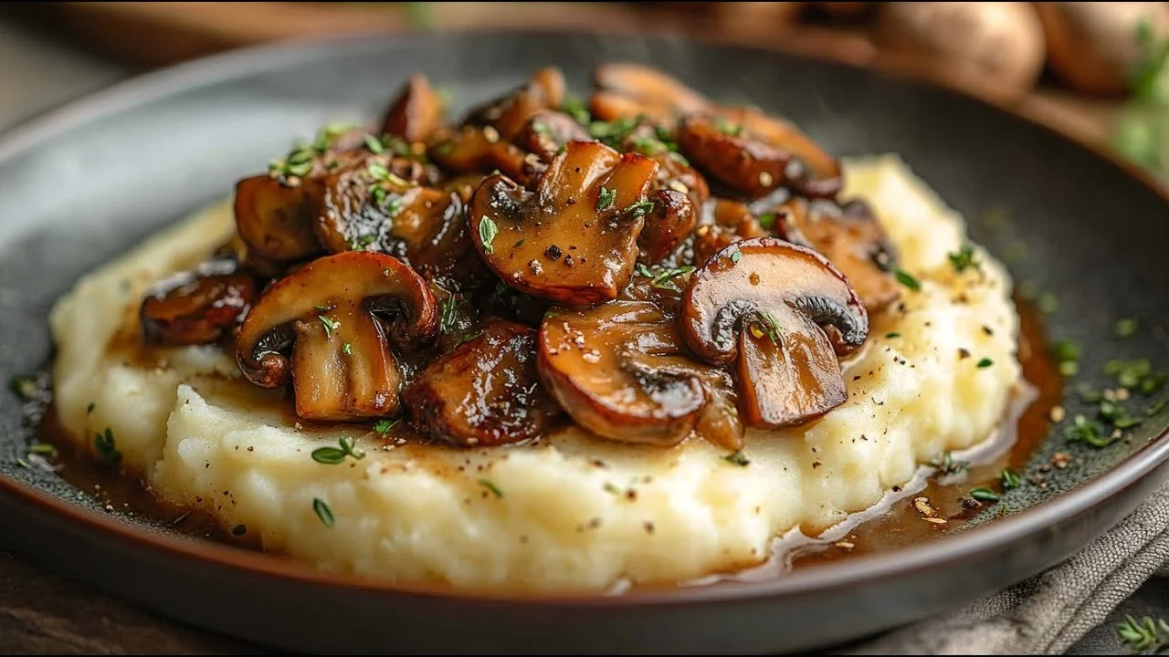 Vegan champignon ragout met aardappelpuree in een bord
