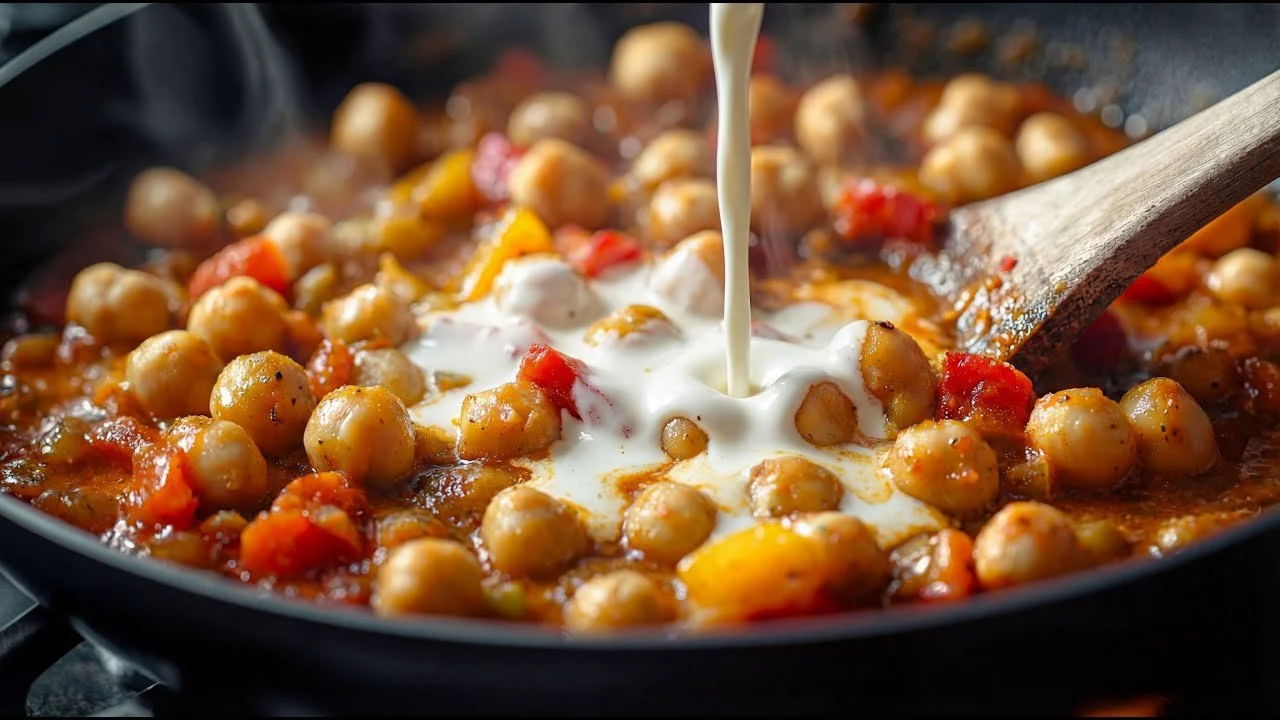Vegan chickpea dish met groenten en specerijen, een gezonde maaltijdoptie.